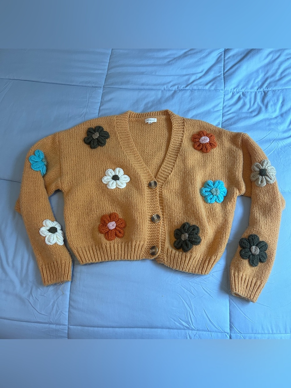 Debut Chunky Artsy knit cardigan colorful 3D floral Women’s Small Mustard